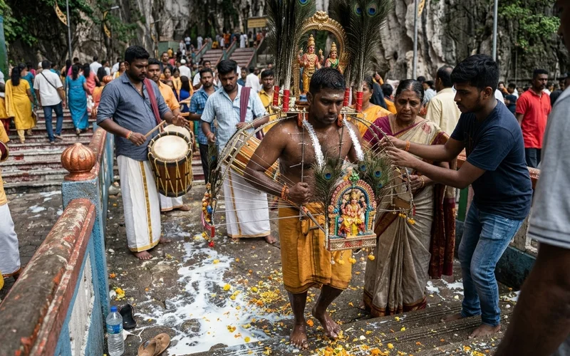 A devotee carrying a kavadi during Thaipusam at Batu Caves