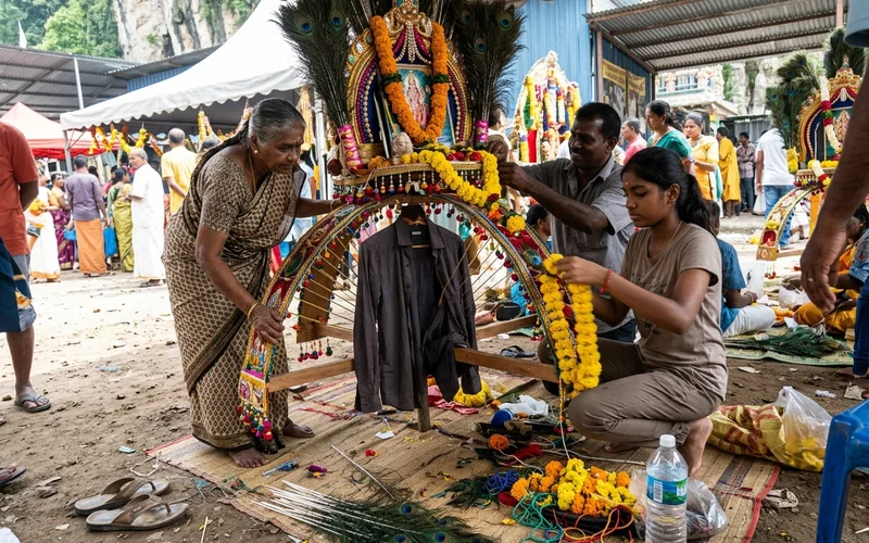 A family preparing a kavadi before the Thaipusam procession