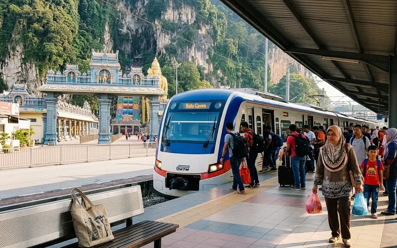 A KTM Komuter train arriving at Batu Caves station opposite the temple entrance