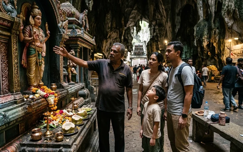 A licensed guide explaining a shrine to a small family group at Batu Caves