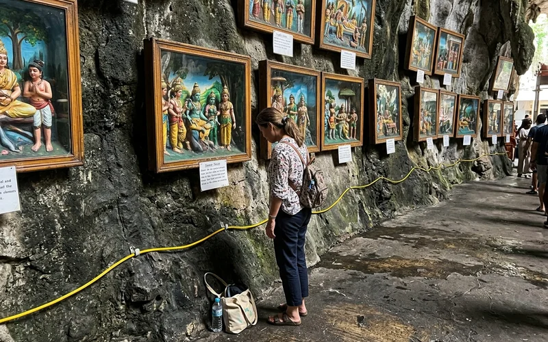 Painted Ramayana-story dioramas lining the interior of Ramayana Cave