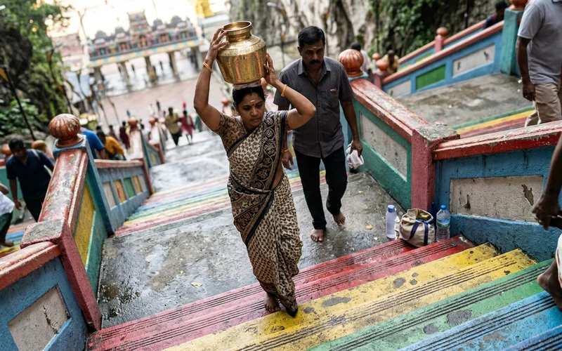Devotees carrying milk pots up the steps during Thaipusam