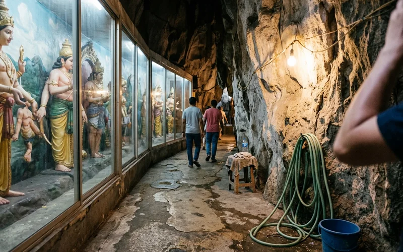 The interior walkway and gallery displays inside Cave Villa