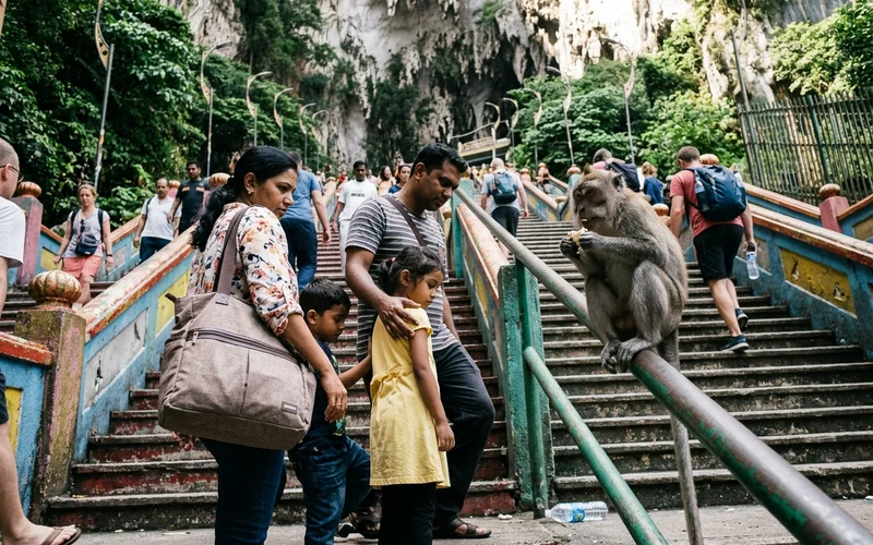 Parents keeping children at a safe distance from a macaque on the Batu Caves steps