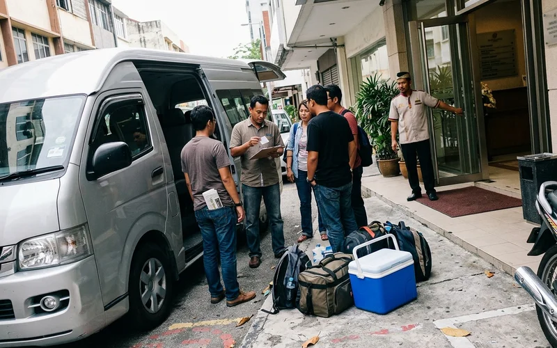 A small group boarding a private van outside a Kuala Lumpur hotel for a combo itinerary