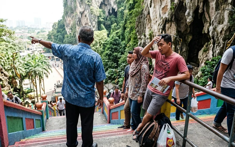 A small tour group pausing on a landing partway up the Batu Caves staircase with their guide