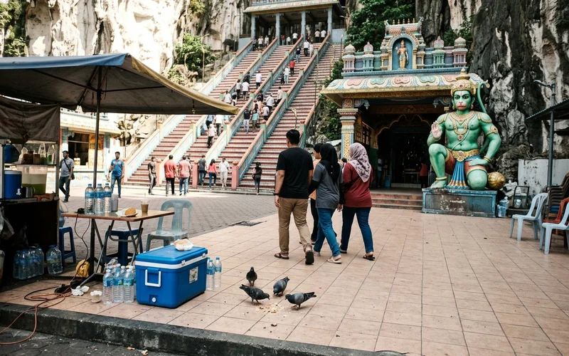The still-open Temple Cave and Ramayana Cave at Batu Caves, seen from the forecourt