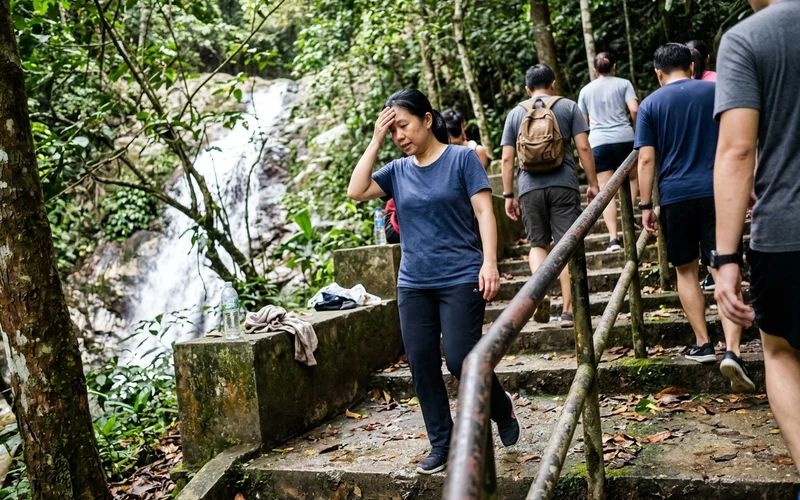 Visitors walking the shaded forest path beside the Kanching waterfall tiers in Gombak