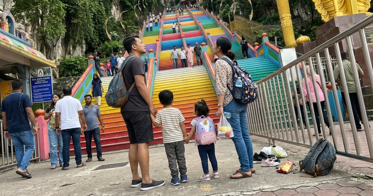 A family with young children at the base of the Batu Caves staircase in the morning