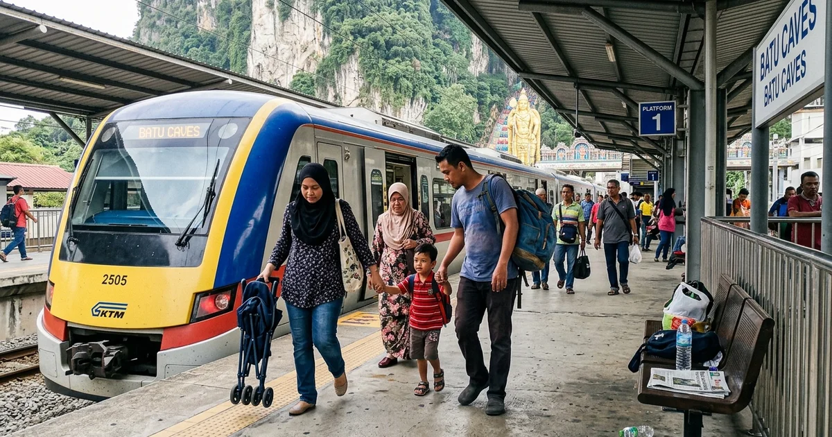 A KTM Komuter train at Batu Caves station with the temple entrance behind