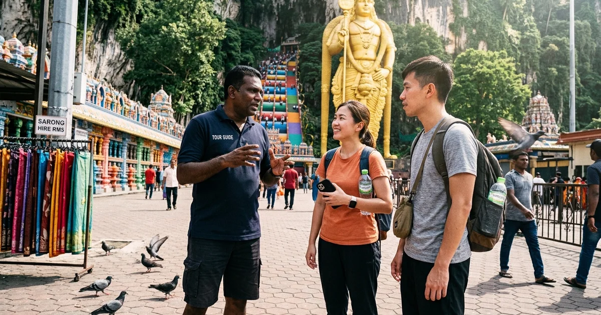 A guide talking with two travellers at the base of the Batu Caves staircase