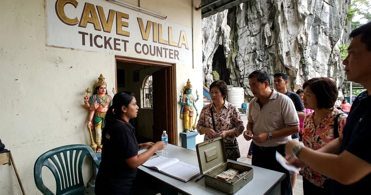 The entrance to Cave Villa at Batu Caves, with signage and the limestone cliff behind