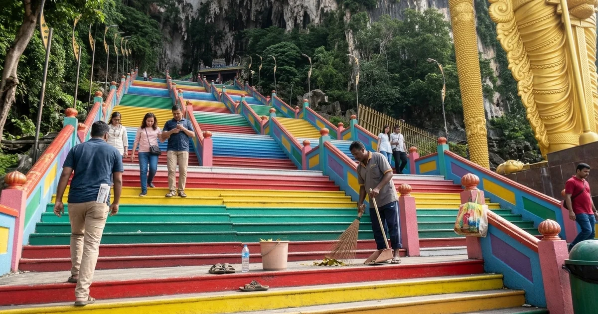 The rainbow-painted 272 steps rising to Temple Cave at Batu Caves in early morning light