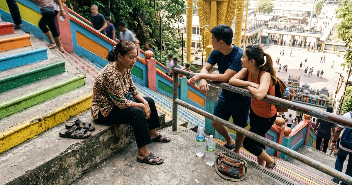 Visitors of mixed ages resting on a landing partway up the 272 Batu Caves steps
