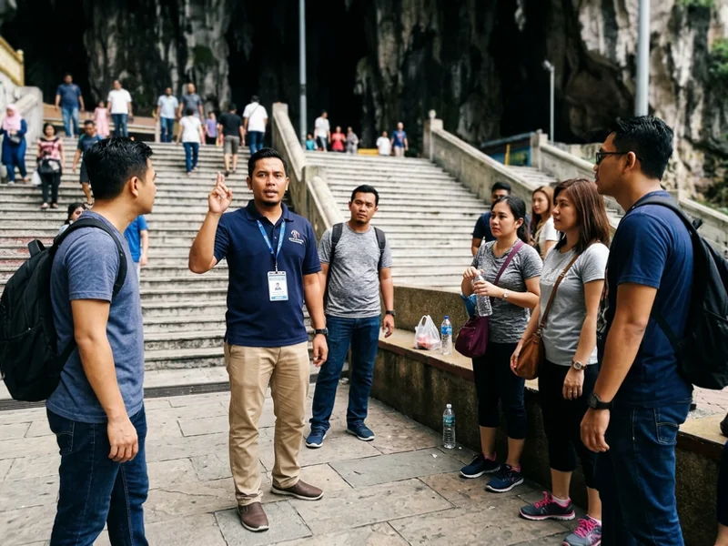 A licensed guide talking with a small group at the base of the Batu Caves staircase