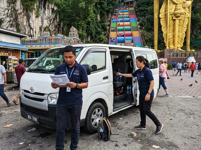 Licensed guides beside their van at the Batu Caves forecourt in the morning