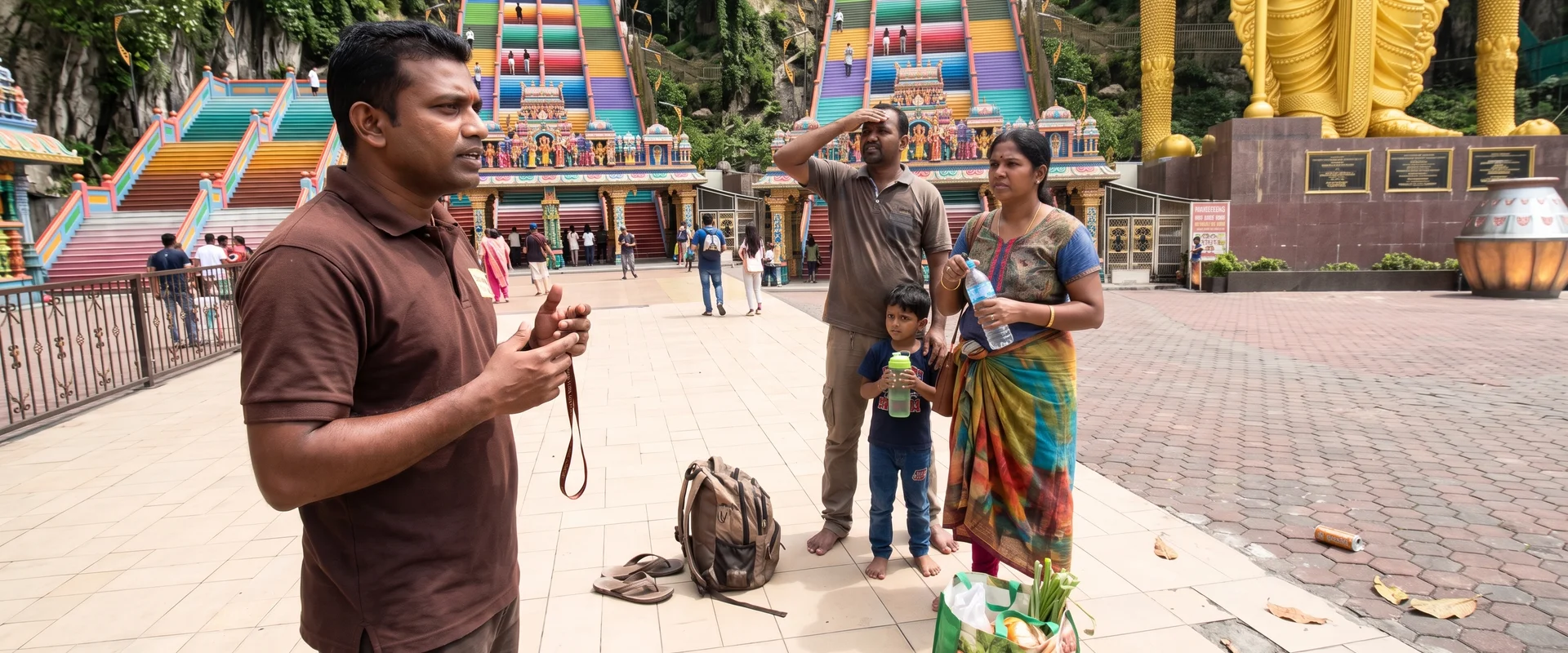 A licensed guide explaining the Murugan shrine to a small group at the foot of the Batu Caves staircase