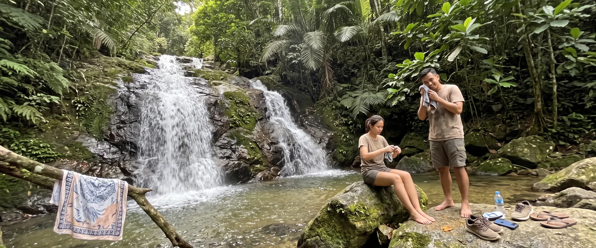 Water falling over dark rock at the Kanching seven-tier rainforest waterfall near Kuala Lumpur