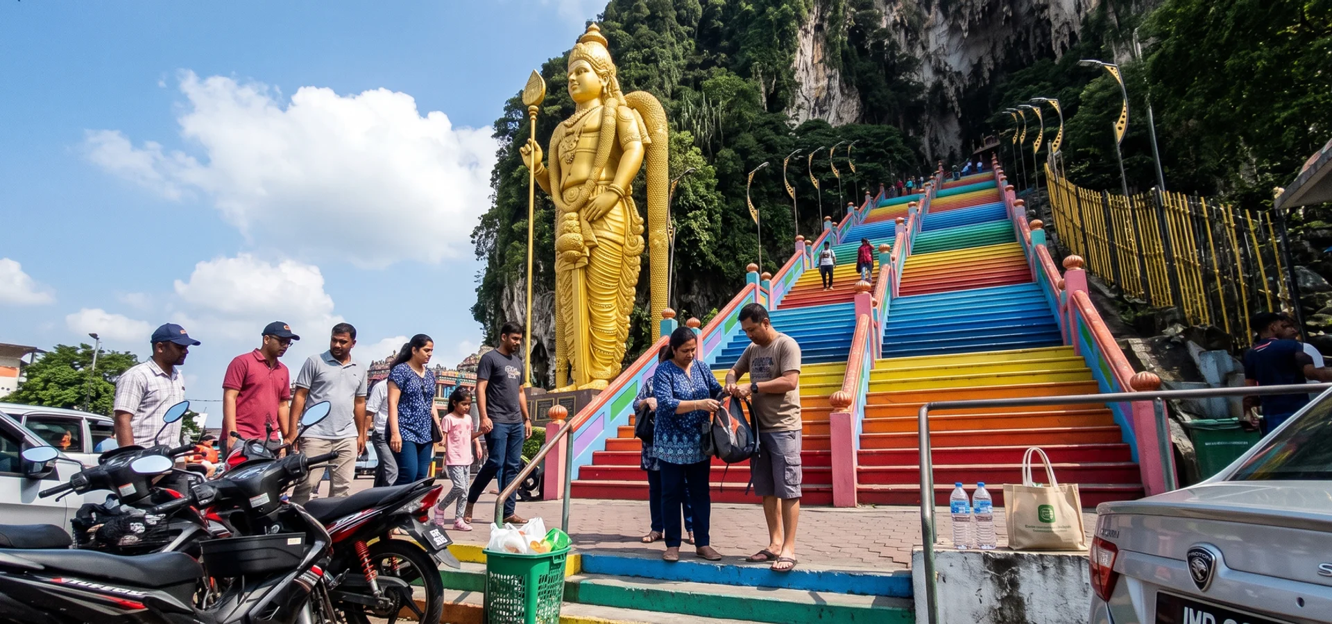 The golden Lord Murugan statue beside the rainbow 272 steps at Batu Caves
