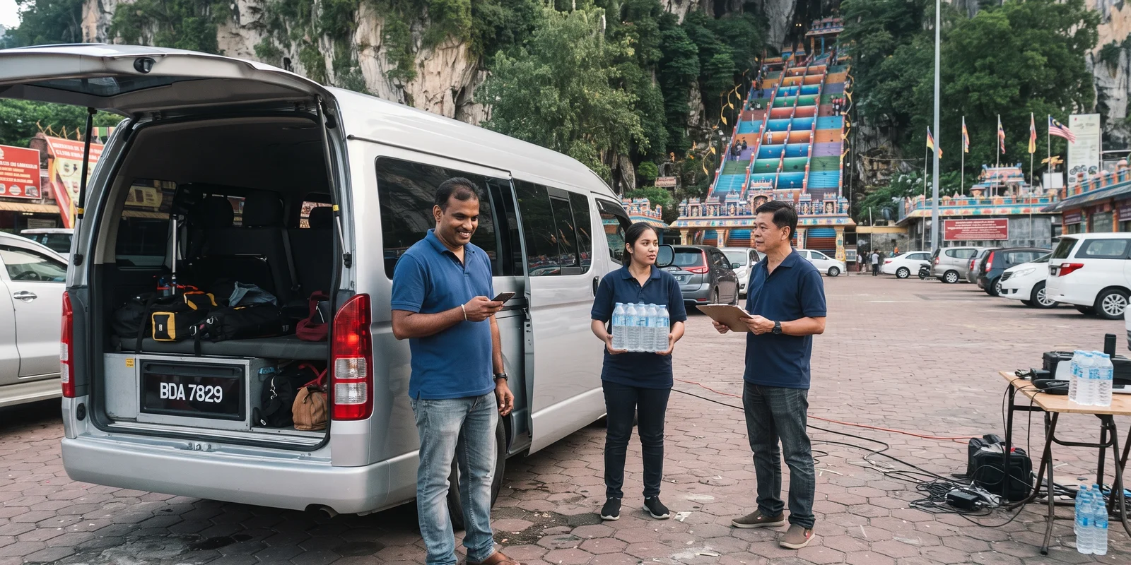 The tour team beside an air-conditioned van at the Batu Caves forecourt early in the morning
