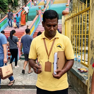 Gana, tour operations lead, standing at the base of the Batu Caves staircase